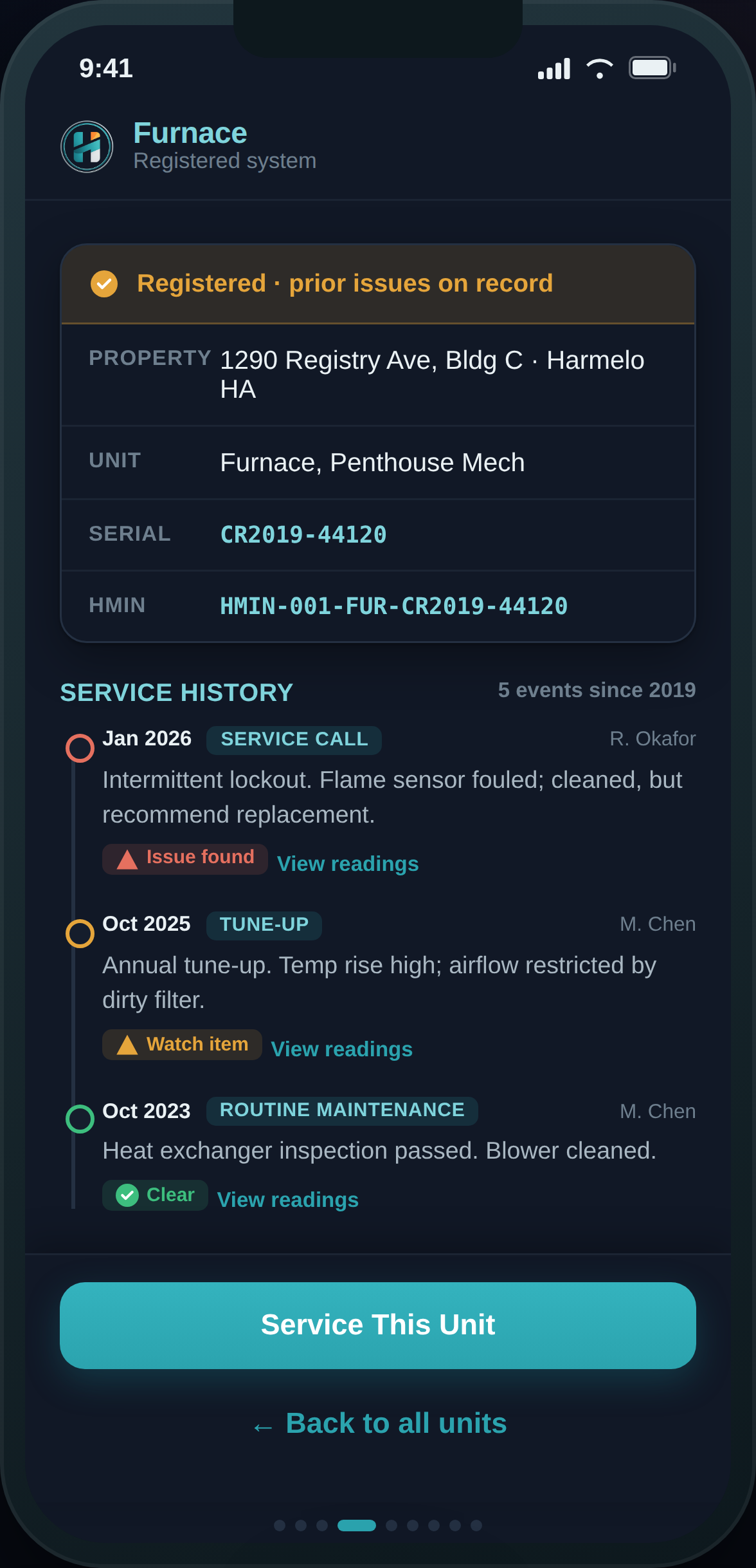 A contractor viewing a system's full service history in the field app