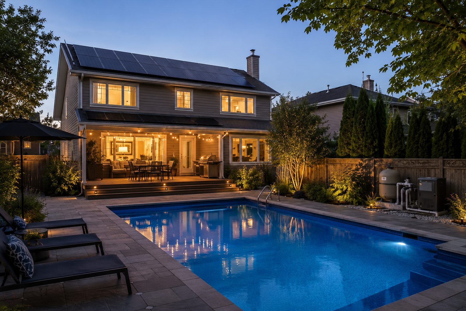 A two storey house at dusk with a rooftop solar array, lit rear deck, in-ground pool, paver patio, cedar fence and pool filtration equipment along the side yard