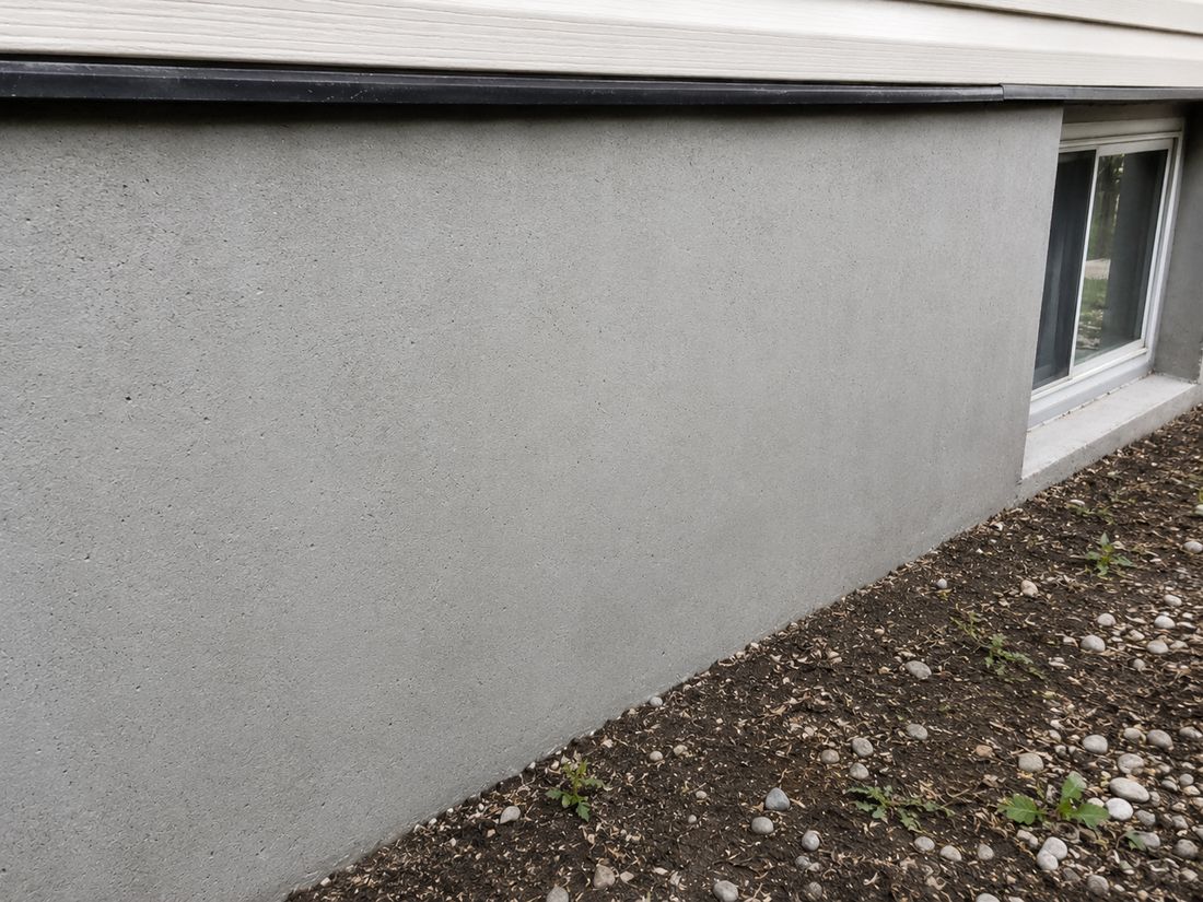 The same foundation wall after excavation and repair, the crack gone and the surface parged smooth