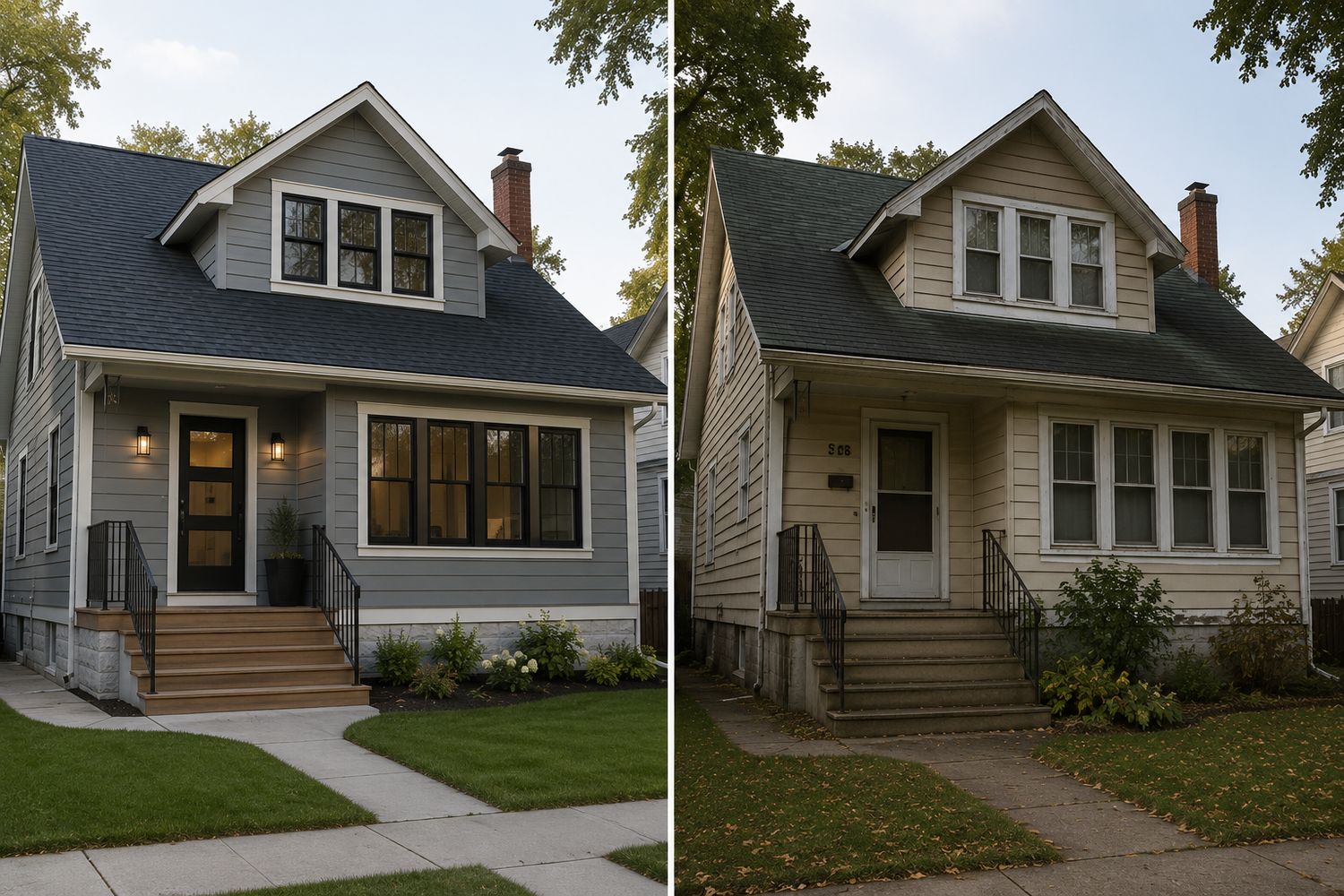 Two photographs of the same style of house side by side, one recently renovated and one original, otherwise identical